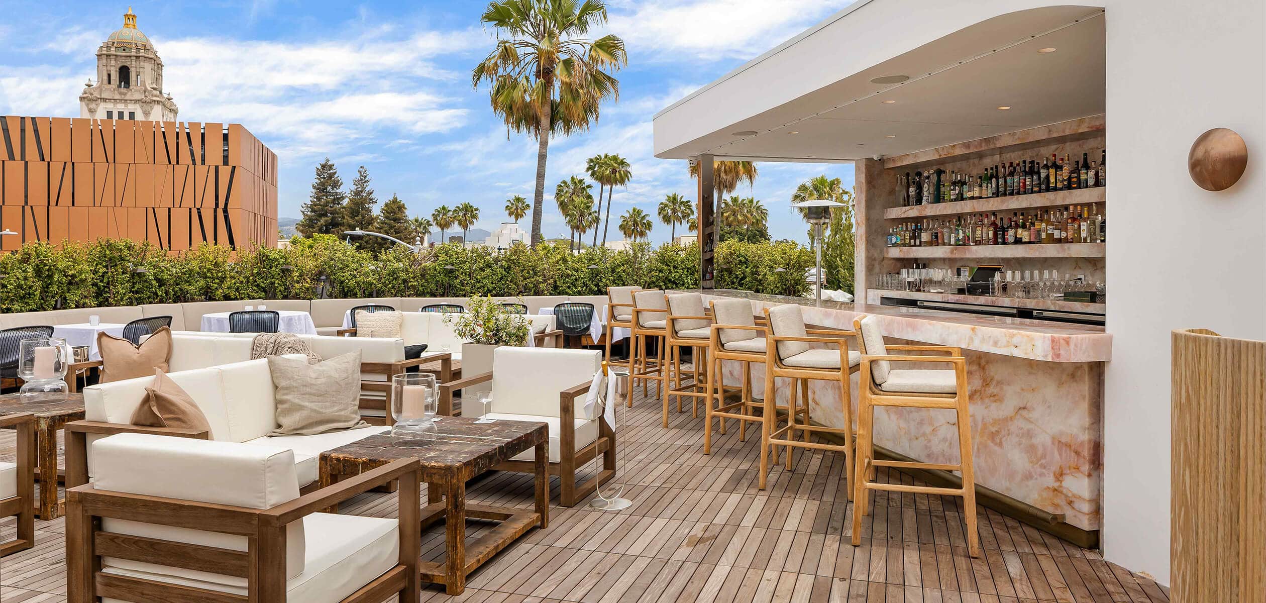 Lounge areas and the bar on the rooftop of Funke