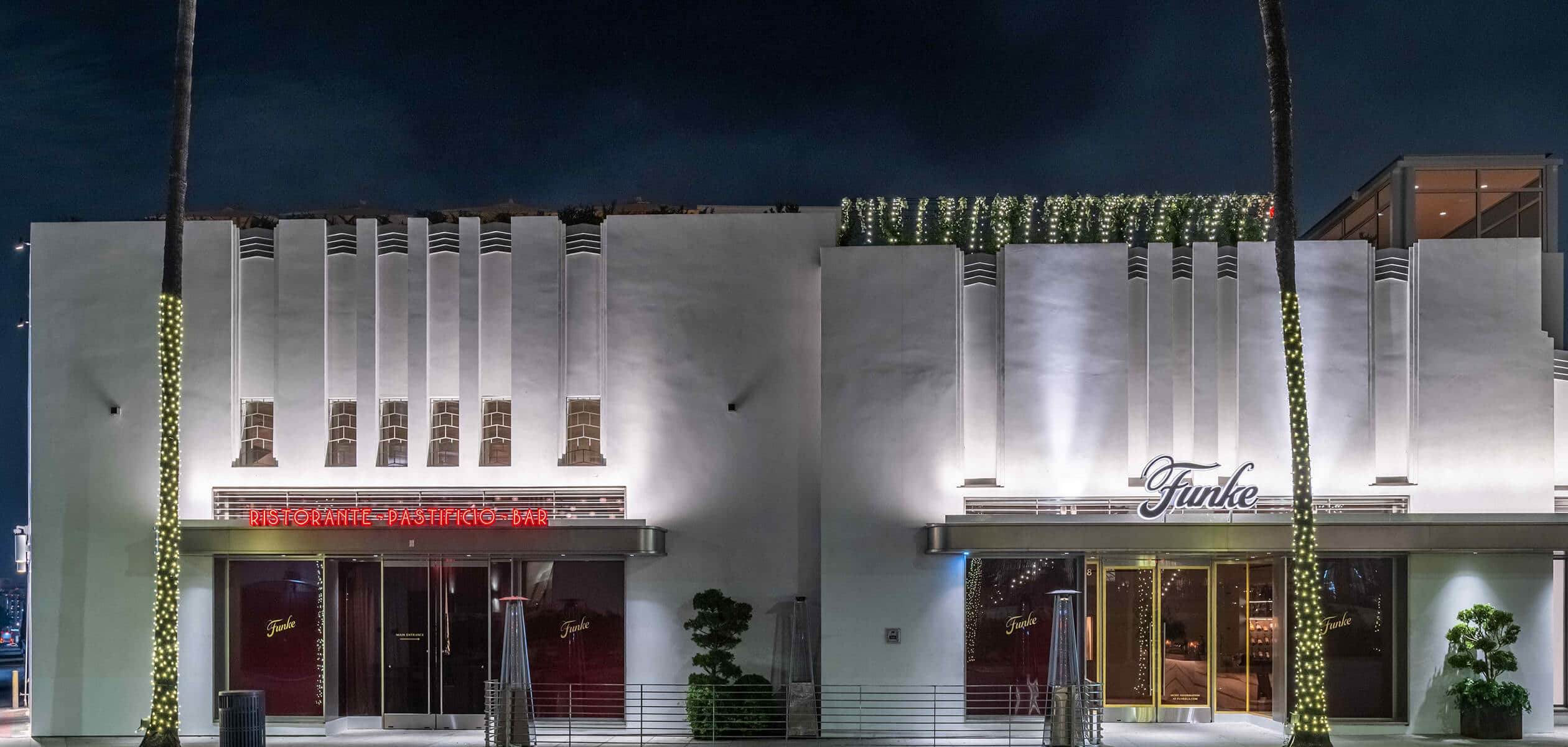 Exterior of Funke at night